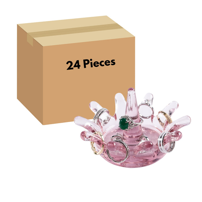 Gala Houseware Colored Glass Ring Holder Jewelry Tray, Pink Crown Jewelry Ring Display Holder and Trinkets Tray (D 4.3”) - 24 Pieces Per Box