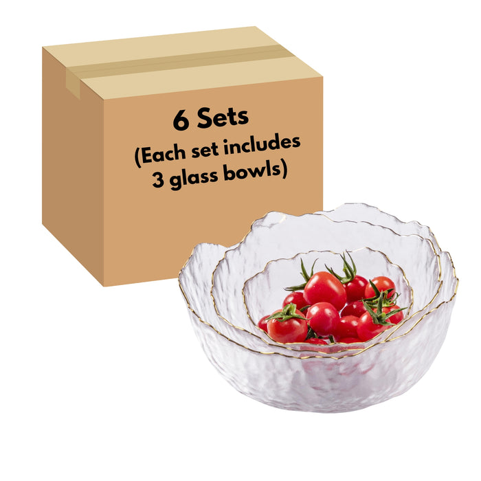 Gala Houseware 3-Piece Glass Bowl Set with Gold Rim – Clear Textured Salad Bowls with Petal Edge – Decorative Nesting Bowls for Salad, Dessert, Fruit, Snacks, Wedding Gift - 6 Sets per box (18 pieces)