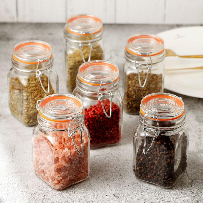 Airtight Clear Glass Jars with Stainless Steel Bail & Trigger Latch (9.6oz) – Leak-Proof Square Food Storage (Set of 6)