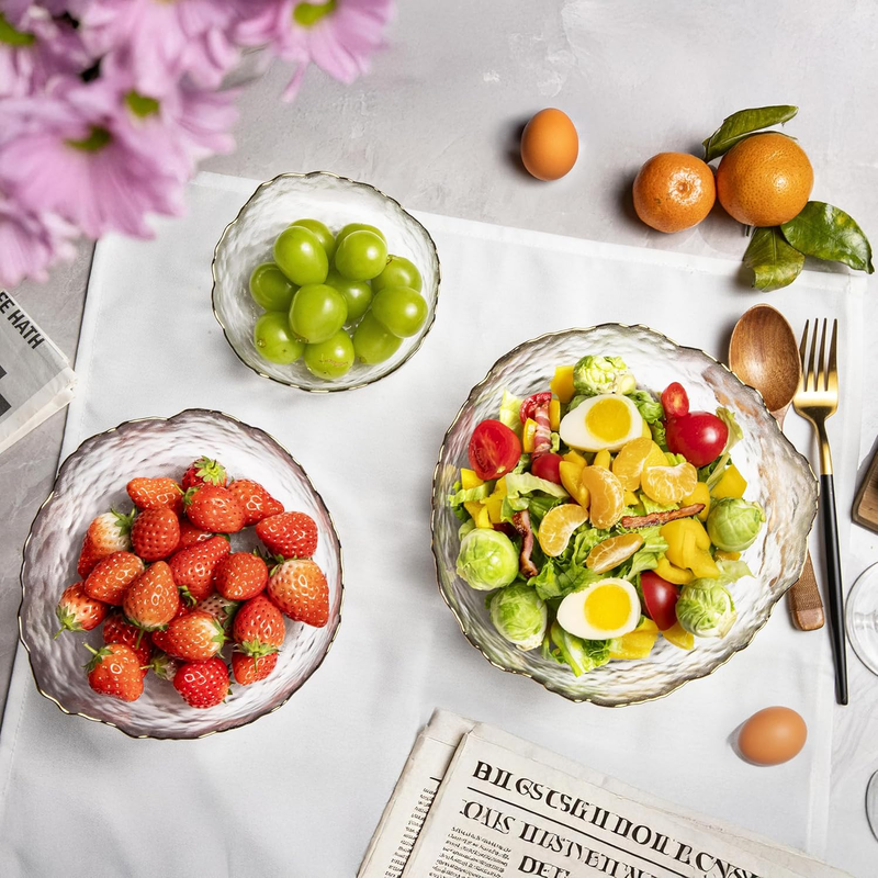 3-Piece Glass Bowl Set with Gold Rim