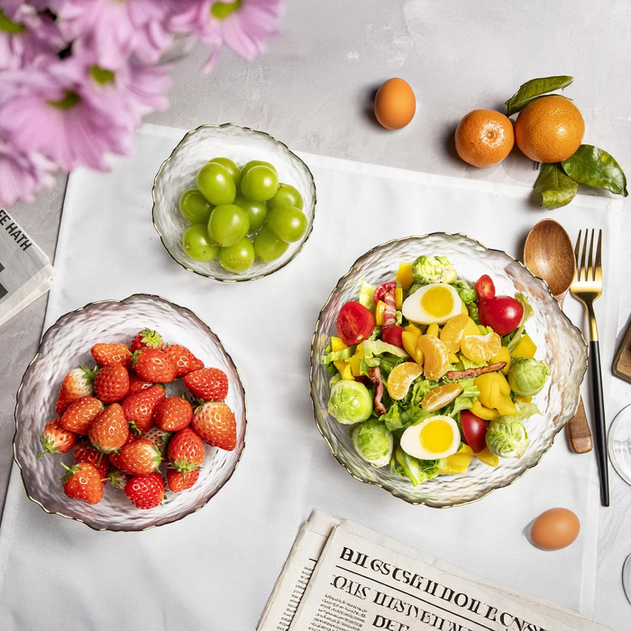 Gala Houseware 3-Piece Glass Bowl Set with Gold Rim – Clear Textured Salad Bowls with Petal Edge – Decorative Nesting Bowls for Salad, Dessert, Fruit, Snacks, Wedding Gift - 6 Sets per box (18 pieces)