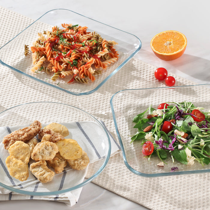 Gala Houseware 4-Piece Tempered Glass Square Dinner Plates, 10-Inch Clear Glass Serving Platters, Durable Serving Dishes and Salad Plates, Oven, Microwave, and Dishwasher Safe