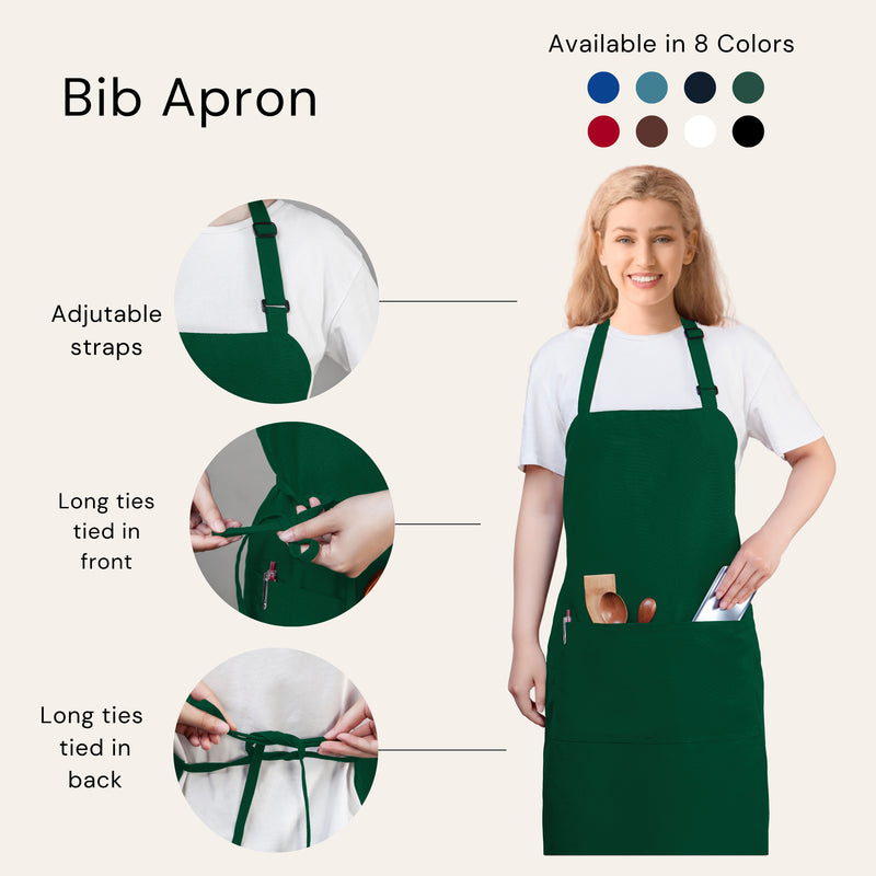 Forest Green Chef Bib Apron – Adjustable Unisex Kitchen Apron with Pockets, Durable Spun Polyester