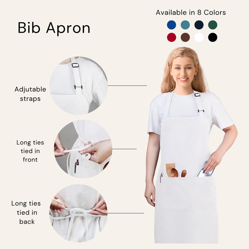 White Chef Bib Apron – Adjustable Unisex Kitchen Apron with Pockets, Durable Spun Polyester