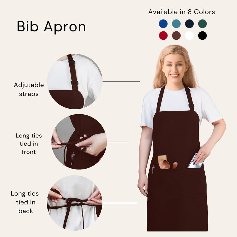 Chocolate Brown Chef Bib Apron – Adjustable Unisex Kitchen Apron with Pockets, Durable Spun Polyester