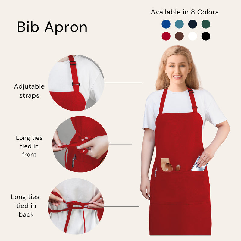Red Chef Bib Apron – Adjustable Unisex Kitchen Apron with Pockets, Durable Spun Polyester