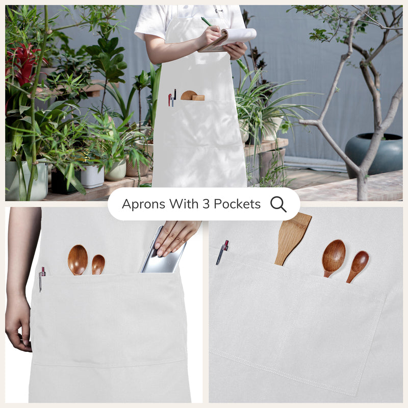 White Chef Bib Apron – Adjustable Unisex Kitchen Apron with Pockets, Durable Spun Polyester