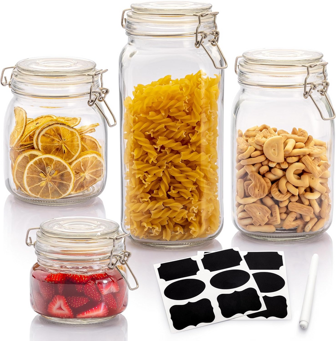 Gala Houseware Wide Mouth Spice Jars, Airtight Glass Container Set 4 Pc Glass Jars with Stainless Steel Hinged Lids and Leak Proof Silicon Gasket, chalkboard pen and Labels (Square) - 3 Sets Per Box (12 Pieces)