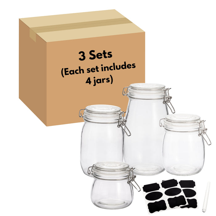 Gala Houseware Airtight Glass Jars – Set of 4, Leakproof Food Storage Containers with Hinged Lids & Chalkboard Labels, Perfect for Kitchen, Pantry & Home Organization - 3 Sets Per Box (12 Pieces)