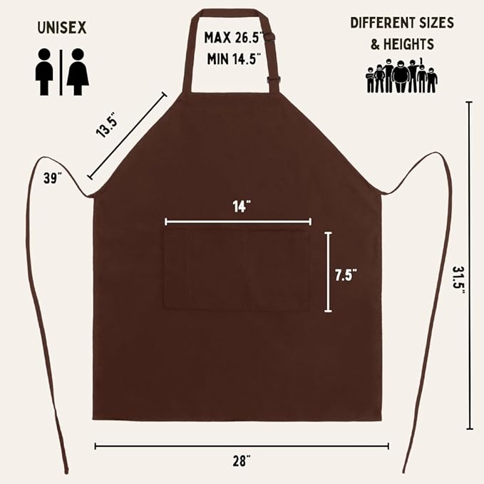 Chocolate Brown Chef Bib Apron – Adjustable Unisex Kitchen Apron with Pockets, Durable Spun Polyester