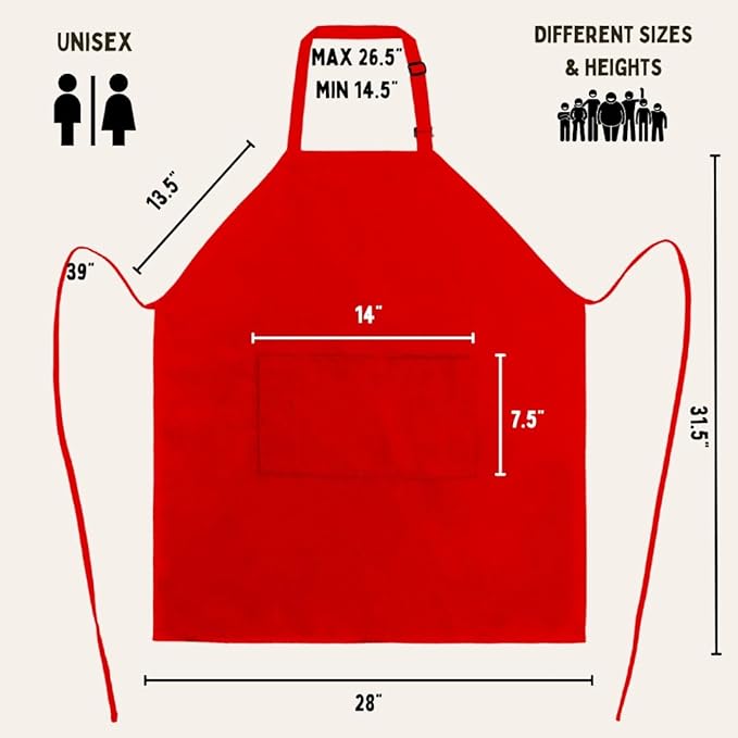 Red Chef Bib Apron – Adjustable Unisex Kitchen Apron with Pockets, Durable Spun Polyester