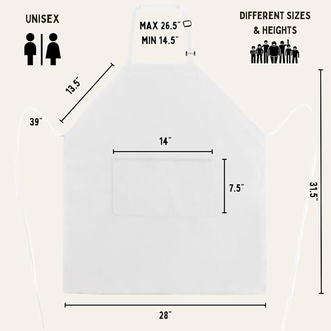 White Chef Bib Apron – Adjustable Unisex Kitchen Apron with Pockets, Durable Spun Polyester