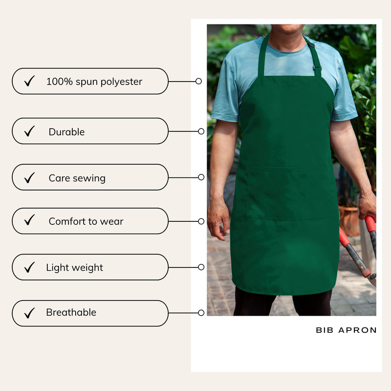 Forest Green Chef Bib Apron – Adjustable Unisex Kitchen Apron with Pockets, Durable Spun Polyester