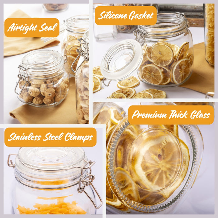 Gala Houseware Wide Mouth Spice Jars, Airtight Glass Container Set 4 Pc Glass Jars with Stainless Steel Hinged Lids and Leak Proof Silicon Gasket, chalkboard pen and Labels (Square)