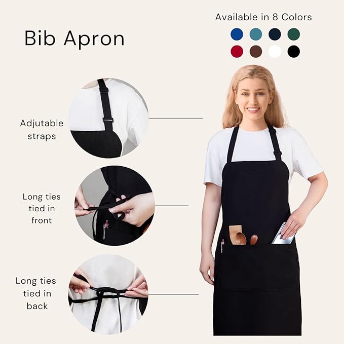 Black Chef Bib Apron – Adjustable Unisex Kitchen Apron with Pockets, Durable Spun Polyester