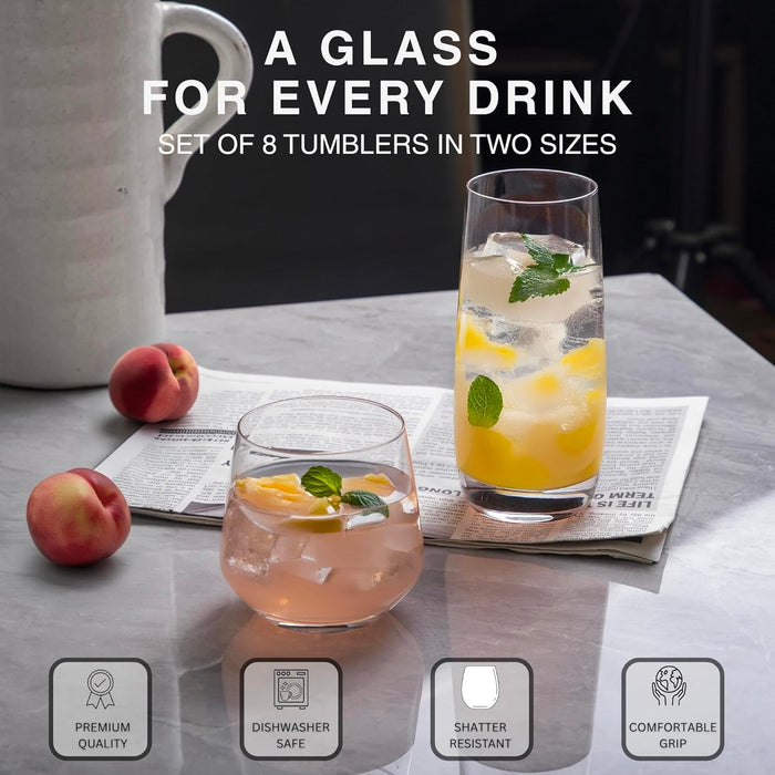 Gala Houseware Premium Glass Drinking Glasses Set of 8 – 4 Tall (20 oz) & 4 Short (13 oz), Lead-Free Water and Cocktail Glass Cups for Juice, Iced Coffee, Whiskey, and Everyday Use 4 Sets per box (32 pieces)