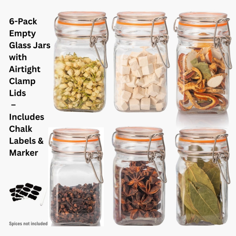 Airtight Clear Glass Jars with Stainless Steel Bail & Trigger Latch (9.6oz) – Leak-Proof Square Food Storage (Set of 6)