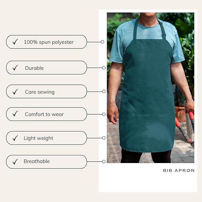 Turquoise Chef Bib Apron – Adjustable Unisex Kitchen Apron with Pockets, Durable Spun Polyester