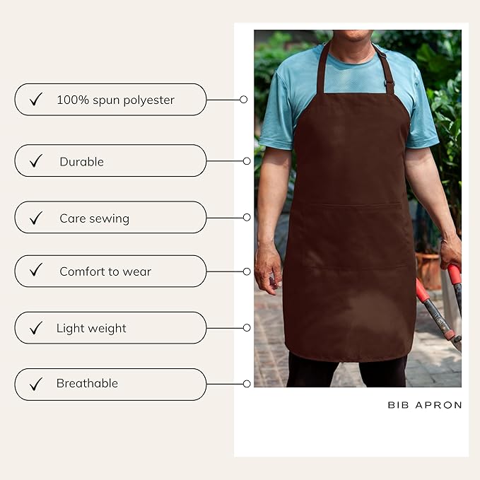 Chocolate Brown Chef Bib Apron – Adjustable Unisex Kitchen Apron with Pockets, Durable Spun Polyester