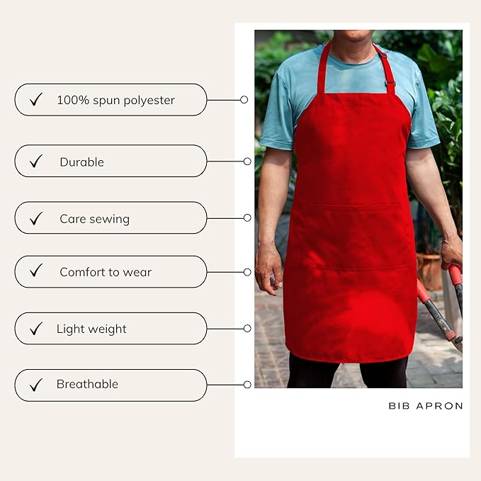 Red Chef Bib Apron – Adjustable Unisex Kitchen Apron with Pockets, Durable Spun Polyester