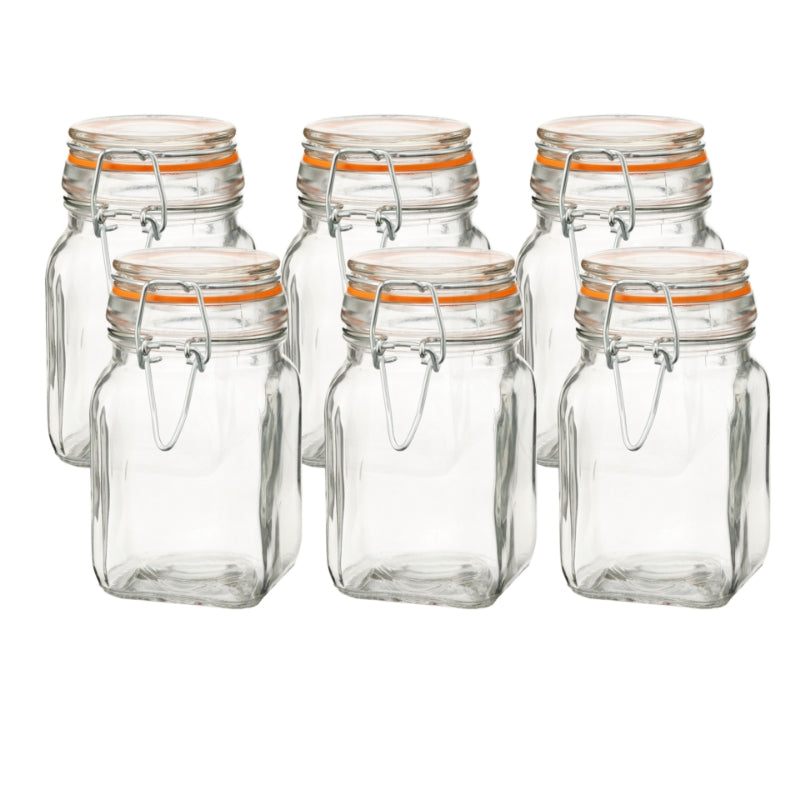 Airtight Clear Glass Jars with Stainless Steel Bail & Trigger Latch (9.6oz) – Leak-Proof Square Food Storage (Set of 6)