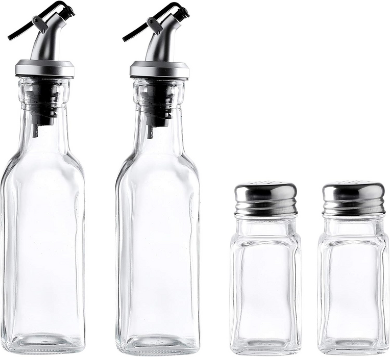 Gala Houseware Set of 4 Glass Kitchen Cruets Combo Set, Olive Oil and Vinegar Dispenser Bottles, Clear Glass Salt and Pepper Shakers Set - 12 Sets per box (48 pieces)