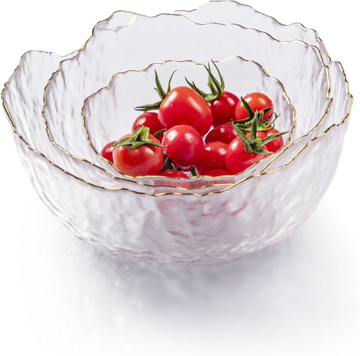 Gala Houseware 3-Piece Glass Bowl Set with Gold Rim – Clear Textured Salad Bowls with Petal Edge – Decorative Nesting Bowls for Salad, Dessert, Fruit, Snacks, Wedding Gift - 6 Sets per box (18 pieces)