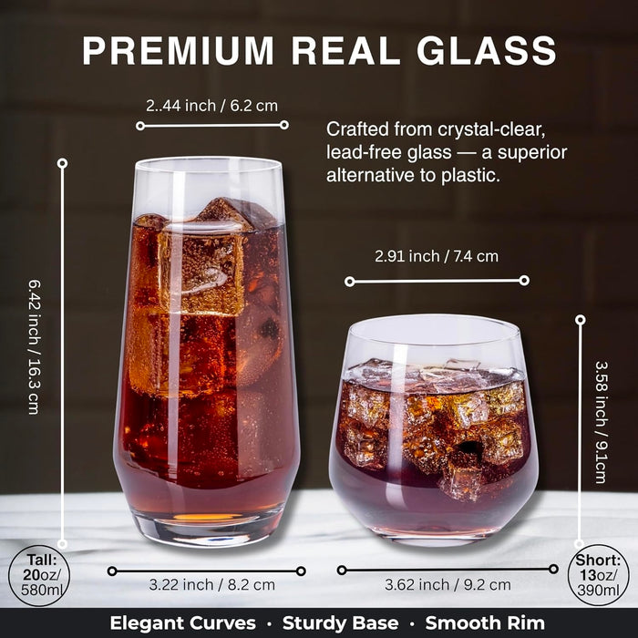 Gala Houseware Premium Glass Drinking Glasses Set of 8 – 4 Tall (20 oz) & 4 Short (13 oz), Lead-Free Water and Cocktail Glass Cups for Juice, Iced Coffee, Whiskey, and Everyday Use 4 Sets per box (32 pieces)