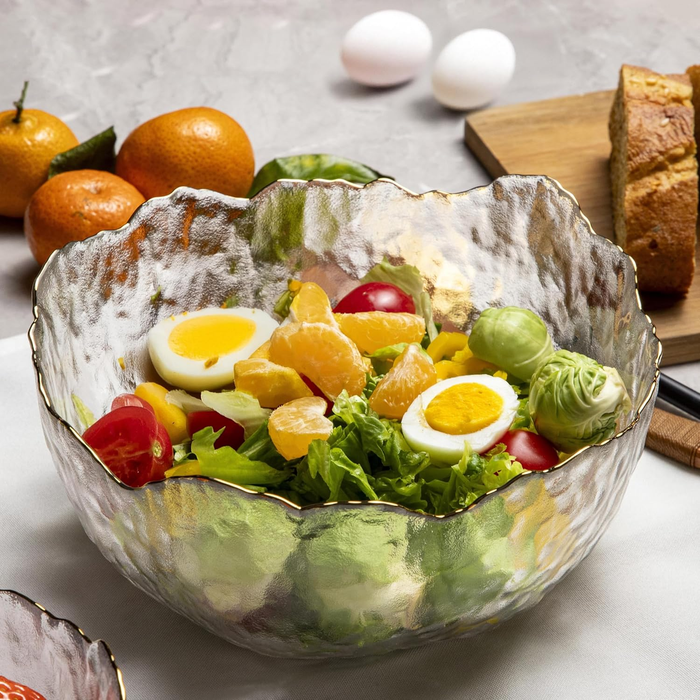 Gala Houseware 3-Piece Glass Bowl Set with Gold Rim – Clear Textured Salad Bowls with Petal Edge – Decorative Nesting Bowls for Salad, Dessert, Fruit, Snacks, Wedding Gift - 6 Sets per box (18 pieces)