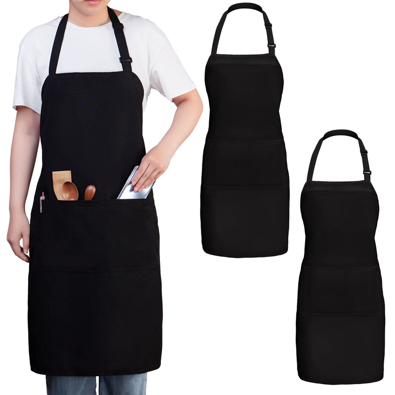 Black Chef Bib Apron – Adjustable Unisex Kitchen Apron with Pockets, Durable Spun Polyester