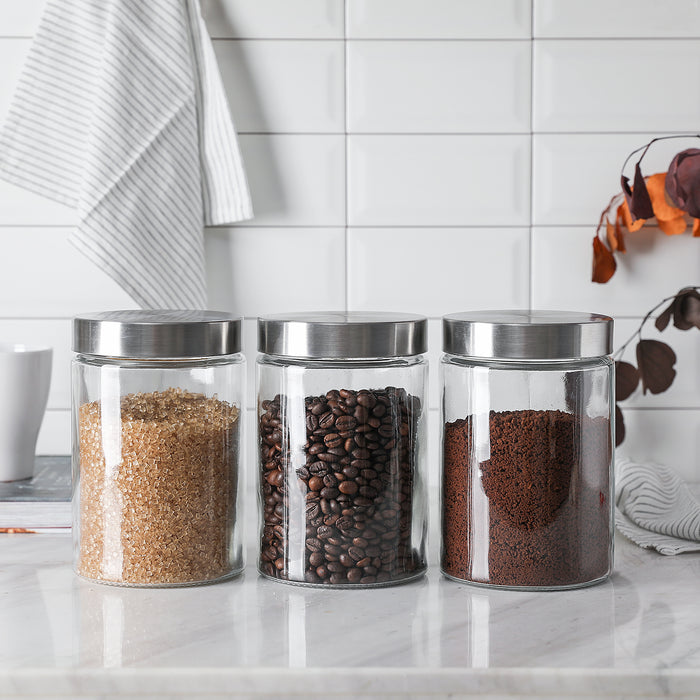 Gala Houseware Glass Storage Containers with Lids, 4 x 3 = 12,  4 Sets in total and 3 Canister Per Set Glass Jars For Food Storage, Clear Bottles Glass Storage Canisters Kitchen Organizers, (Each: 4.5" D x 6.7" H)