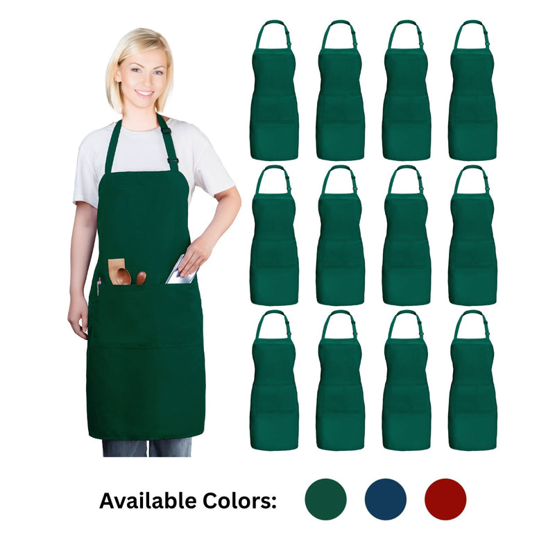 Bib Aprons with 2 Pockets – Adjustable Neck Strap, Standard Size (28” × 32”), Set of 12