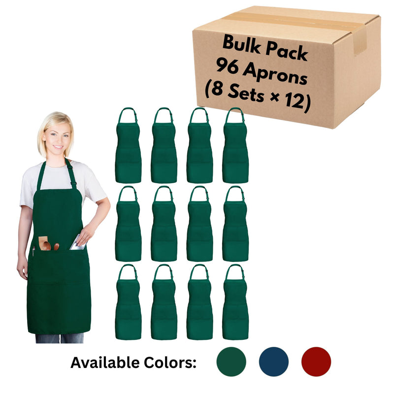 Bib Aprons with 2 Pockets – Bulk Pack of 96 Adjustable Neck Strap & Standard Size Aprons (28” × 32”)
