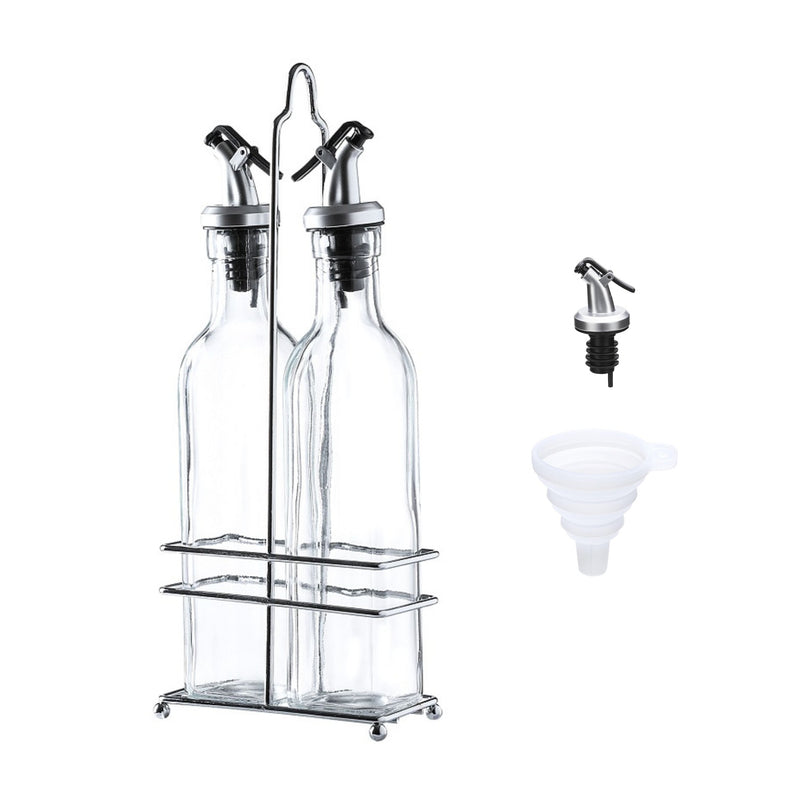 Oil & Vinegar Dispenser Set with Drip-Free Pour Spouts – Glass Bottles with Stand (8.8oz, Set of 2)