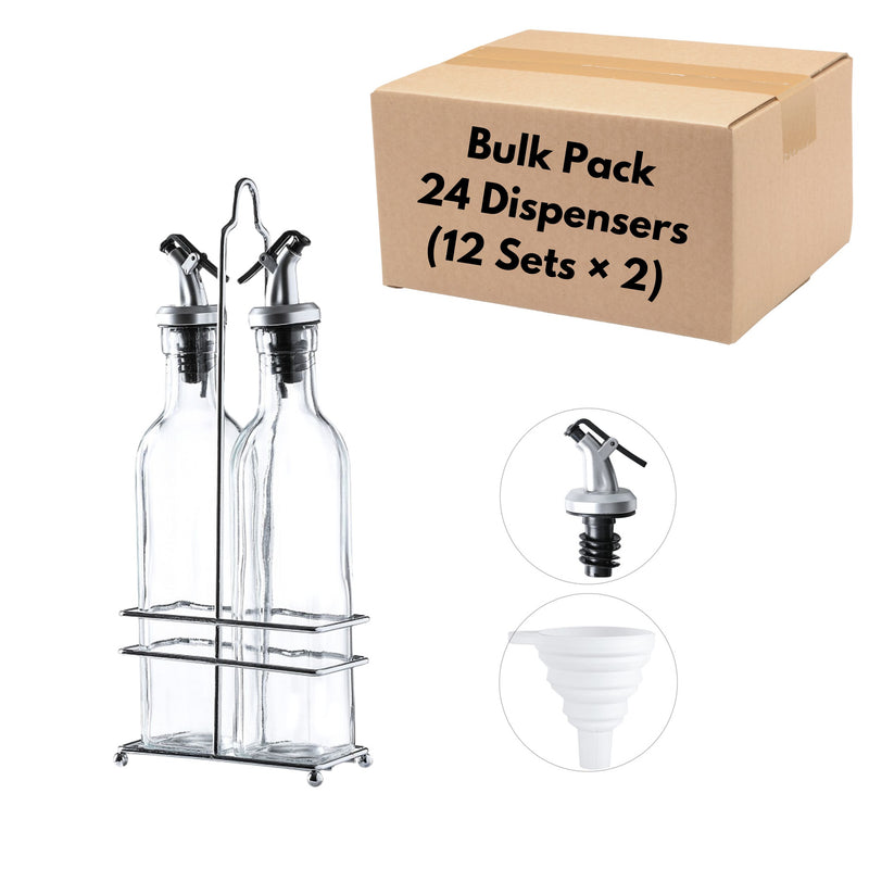 Oil & Vinegar Dispenser Set – Bulk Pack of 24 Glass Bottles with Drip-Free Pour Spouts & Stands for Restaurants & Events