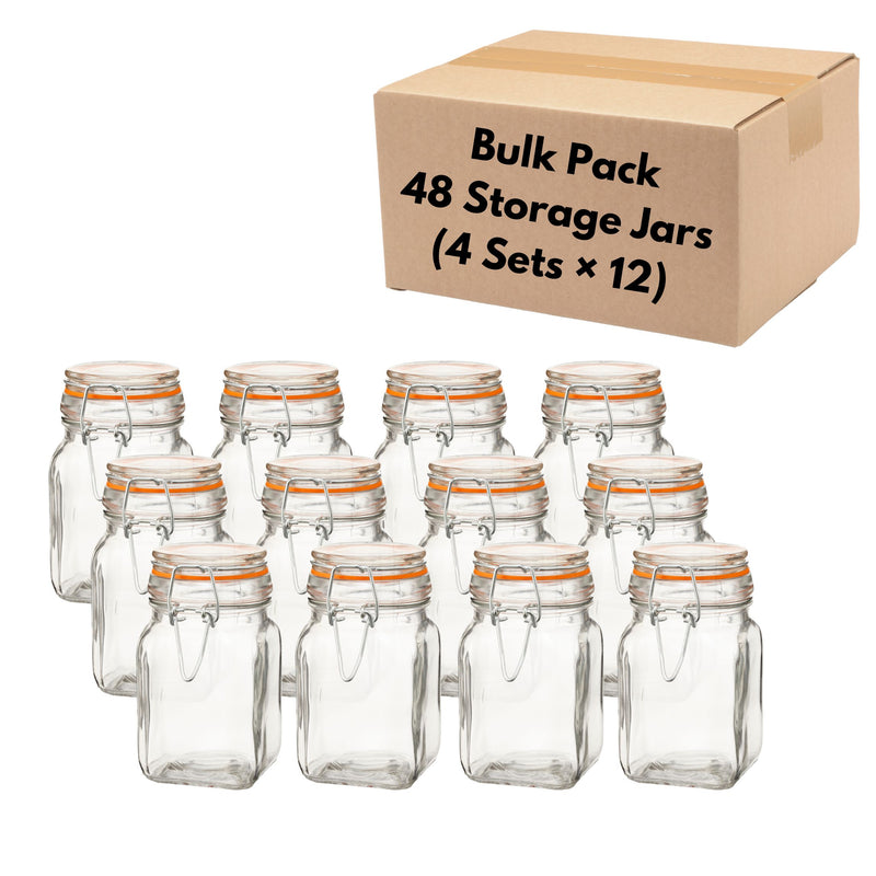 Airtight Clear Glass Jars with Stainless Steel Bail & Trigger Latch (9.6oz) – Bulk Pack of 48 Square Jars for Commercial & Pantry Storage