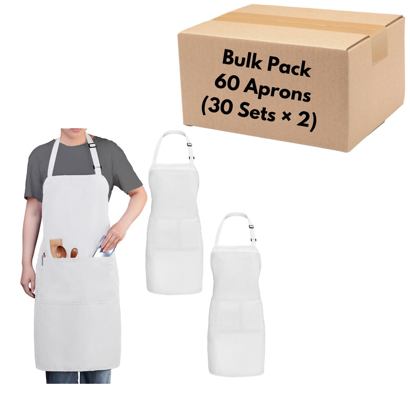 Bib Aprons with 3 Pockets – Bulk Pack of 60 Adjustable Neck Strap & Standard Size Aprons (28” × 32”)