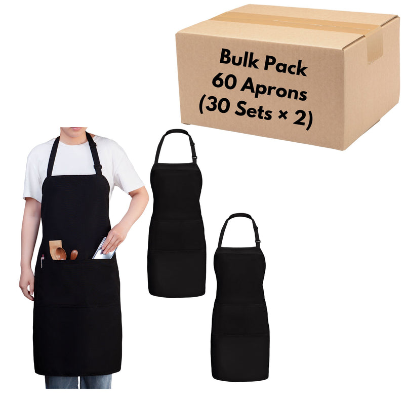 Bib Aprons with 3 Pockets – Bulk Pack of 60 Adjustable Neck Strap & Standard Size Aprons (28” × 32”)