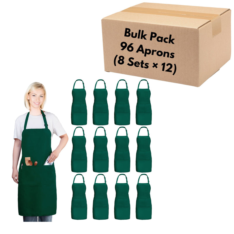 Bib Aprons with 2 Pockets – Bulk Pack of 96 Adjustable Neck Strap & Standard Size Aprons (28” × 32”)