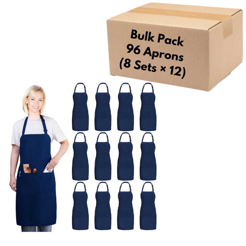 Bib Aprons with 2 Pockets – Bulk Pack of 96 Adjustable Neck Strap & Standard Size Aprons (28” × 32”)