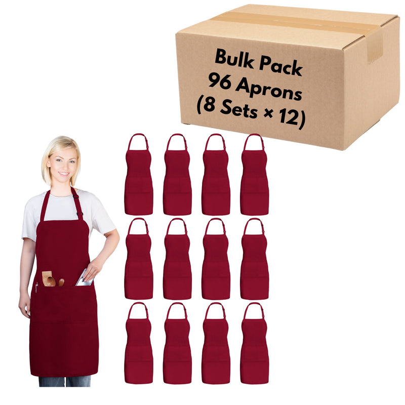 Bib Aprons with 2 Pockets – Bulk Pack of 96 Adjustable Neck Strap & Standard Size Aprons (28” × 32”)