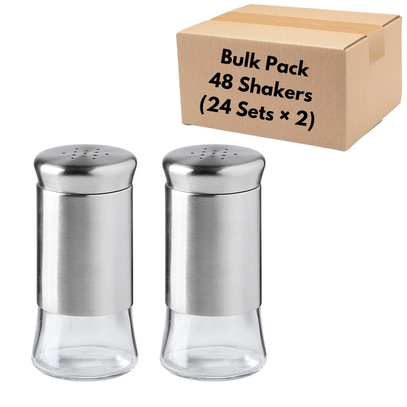 Salt & Pepper Shakers – Bulk Pack of 48 Stainless Steel & Glass Shaker for Restaurants & Events