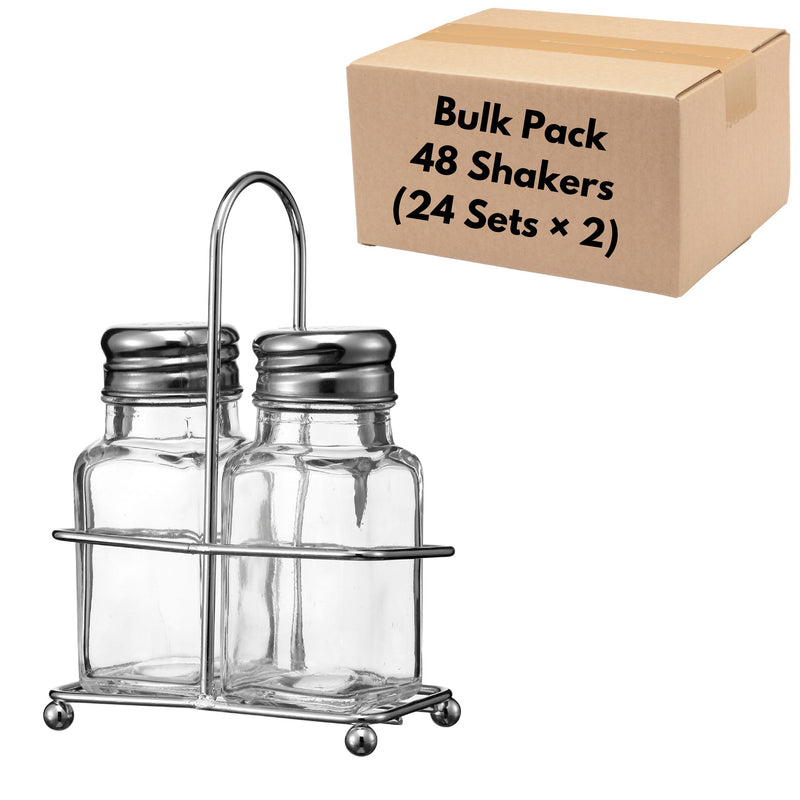 Salt & Pepper Shakers with Stainless Steel Lids & Holder – Bulk Pack of 48 Shakers for Restaurants & Events