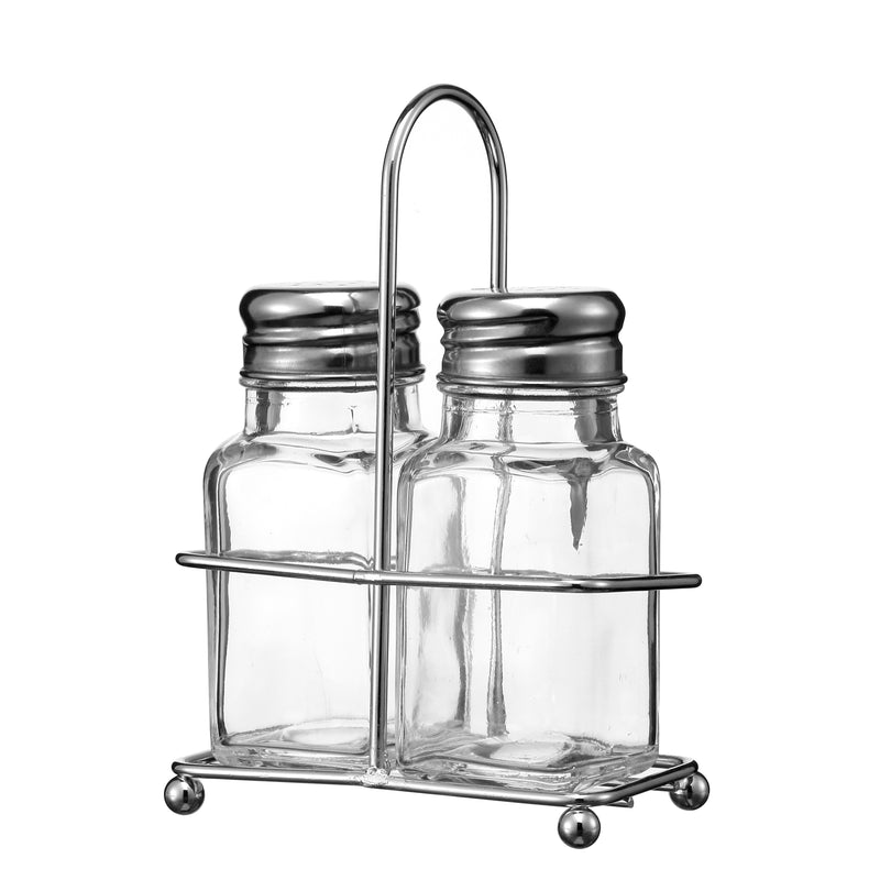 Salt & Pepper Shaker Set with Stainless Steel Lids & Holder – Clear Glass Shakers, Set of 2