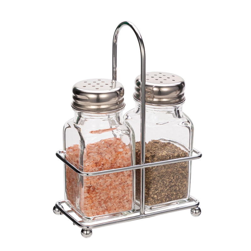 Salt and Pepper Shaker Set of 2 – Clear Glass Shakers with Stainless Steel Lids & Holder