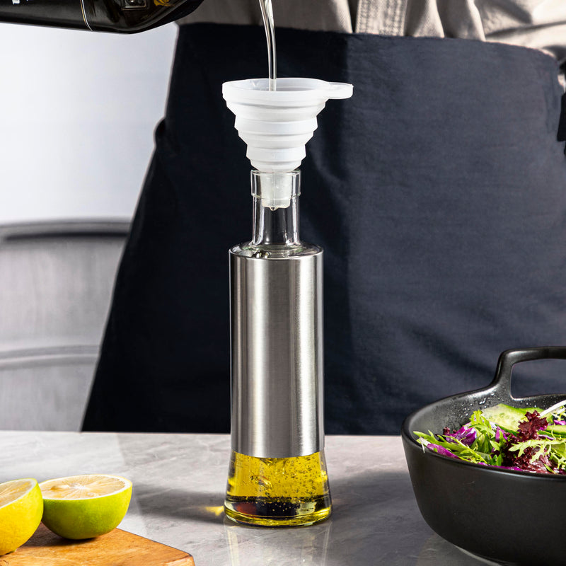 Oil & Vinegar Dispenser Set with Drip-Free Pour Spouts – Glass Bottles with Stainless Steel Shells (10.6 oz, Set of 2)