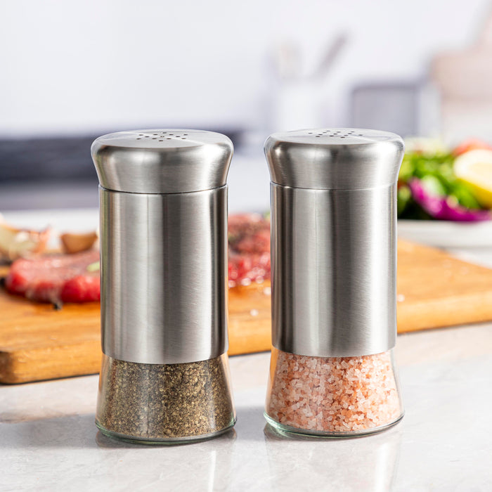 Salt and Pepper Shakers Set, Premium Glass Bottles with Silver Stainless Steel Shells, Set of 2