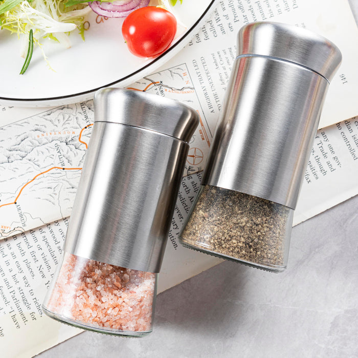 Salt and Pepper Shakers Set, Premium Glass Bottles with Silver Stainless Steel Shells, Set of 2