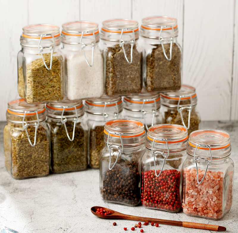 Airtight Clear Glass Jars with Stainless Steel Bail & Trigger Latch (9.6oz) – Bulk Pack of 48 Square Jars for Commercial & Pantry Storage