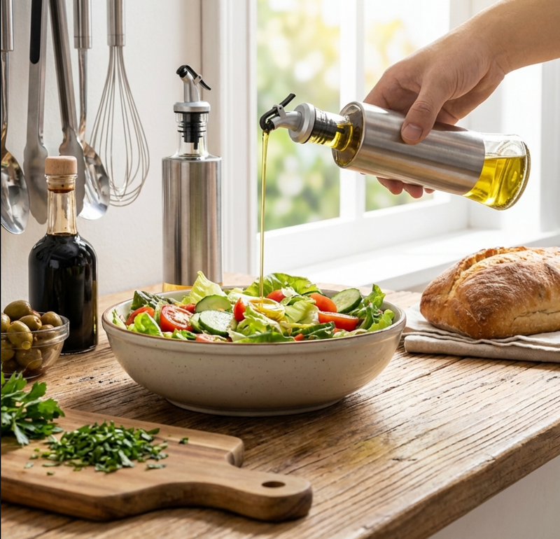 Oil & Vinegar Dispenser Set with Drip-Free Pour Spouts – Glass Bottles with Stainless Steel Shells (10.6 oz, Set of 2)